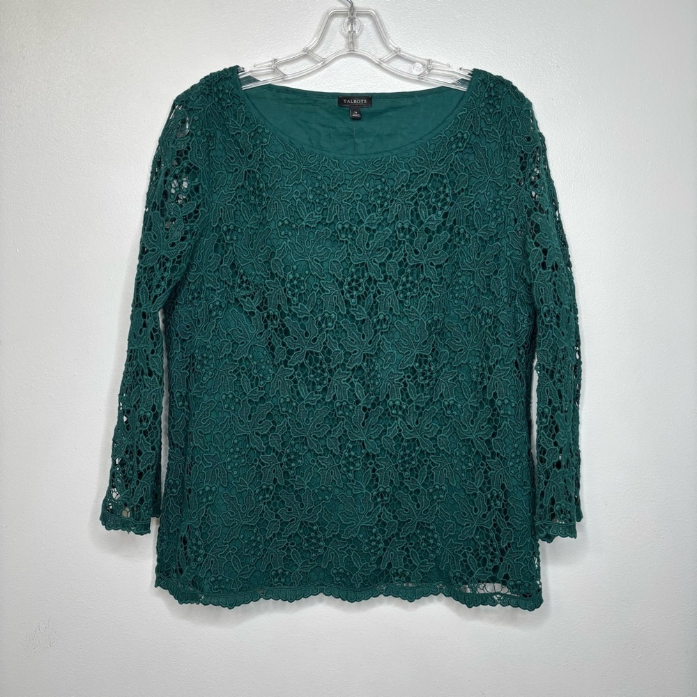 Talbots Green Lace Overlay 3/4 Sleeve Blouse Women’s Size 12